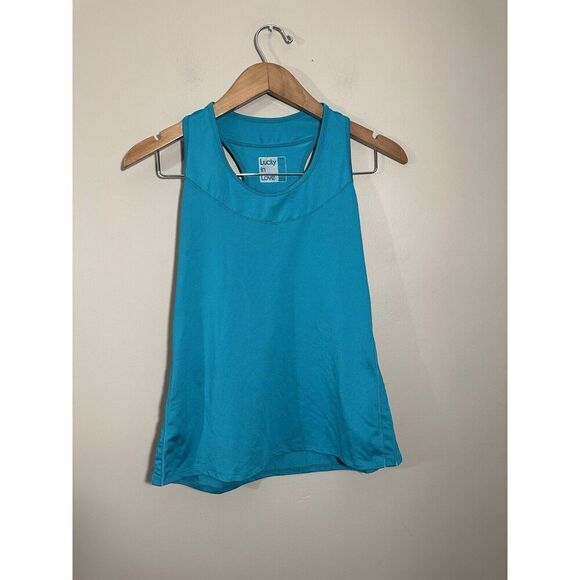 Lucky In Love Tank Top Teal Blue Round Neck Side Mesh Racerback  Large 12 - Picture 2 of 6